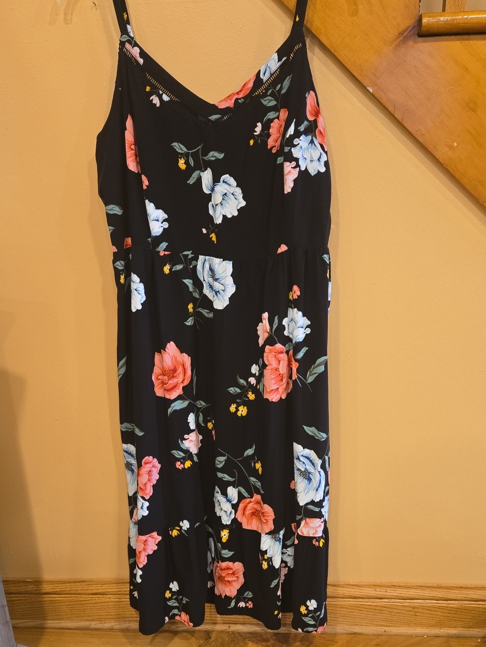 Old Navy Black Floral Slip Dress with Coral and Light Blue Blooms